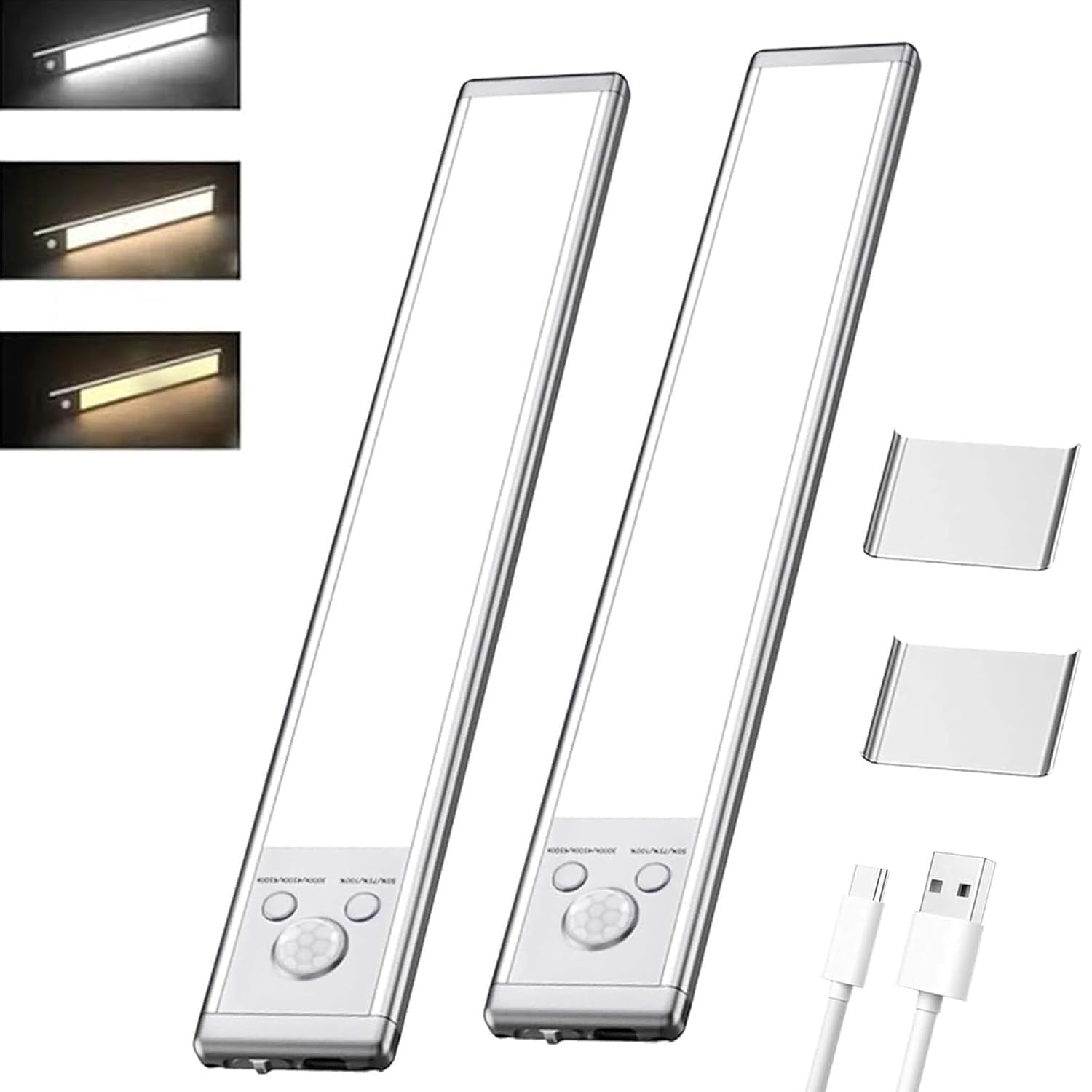 PEAMOO Under Cabinet Kitchen Lights, 110 LED Super Bright, 3 Color Dimmable 1800mAh Rechargeable LED Lights with Motion Sensor, Strong Magnetic Installation, for Cupboard, Kitchen (2PCS)