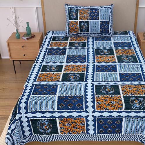 Image of 100% Cotton Single Bedsheet with 1 Pillow Cover | 240 TC Pure Cotton Flat Bed Sheet | Traditional Jaipuri Printed Bedding Set | Soft & Breathable | 60 x 90 Inch (Rangmahal Single 64)