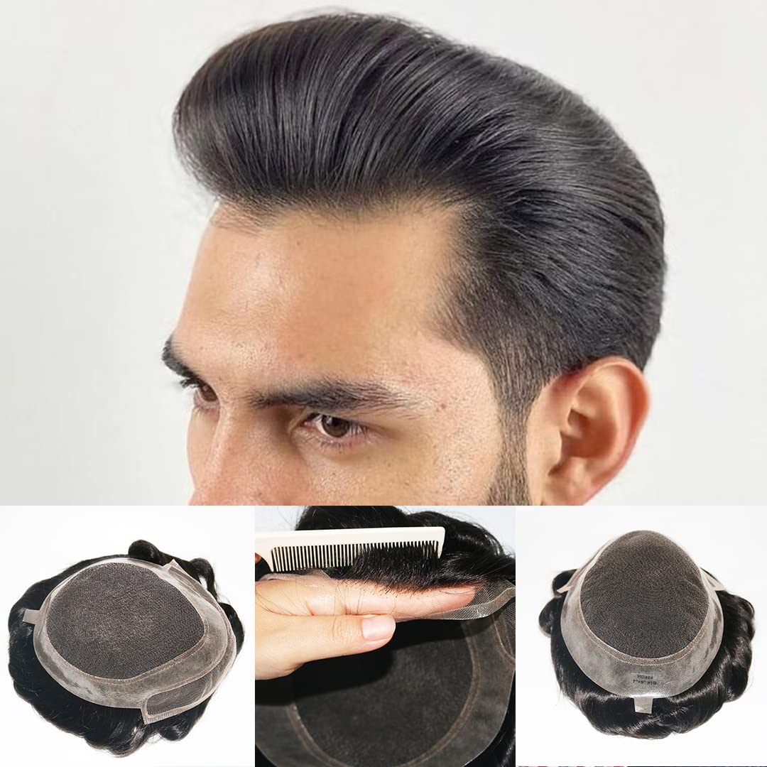 Natural Hairline Toupee French Lace with Pu Human Hair Wig System Mens Micro knots Capillary Prosthesis Hairpiece Unit (#1B (off black), 7