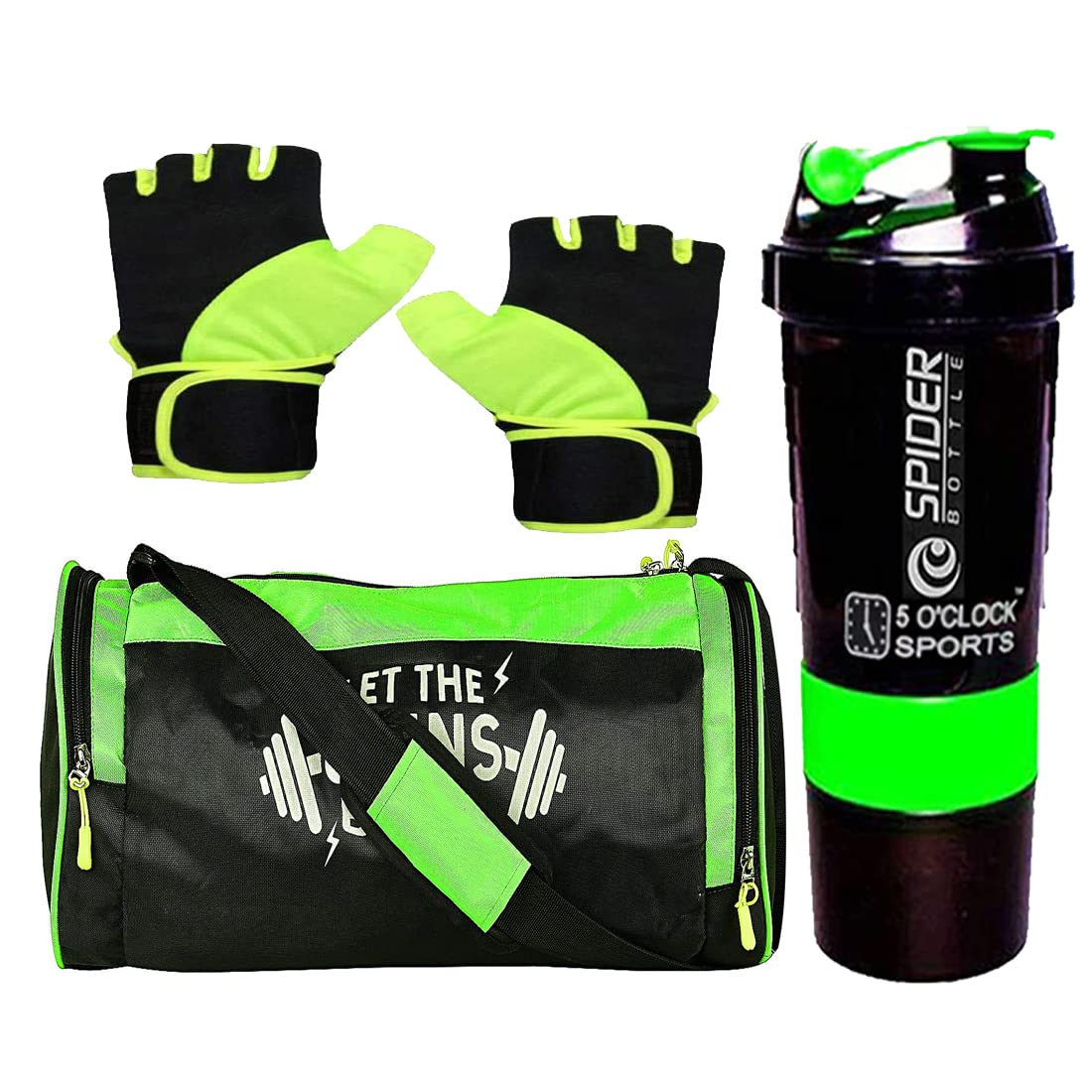 5 O' CLOCK SPORTS Gym Bag with LTGB Shoe Compartment for Men and Women for Fitness - Bag Size 49cm x 24cm x 24cm -Green Color,Spider Shaker -Green, Lycra Gym Gloves with Wrist Support-Green Color