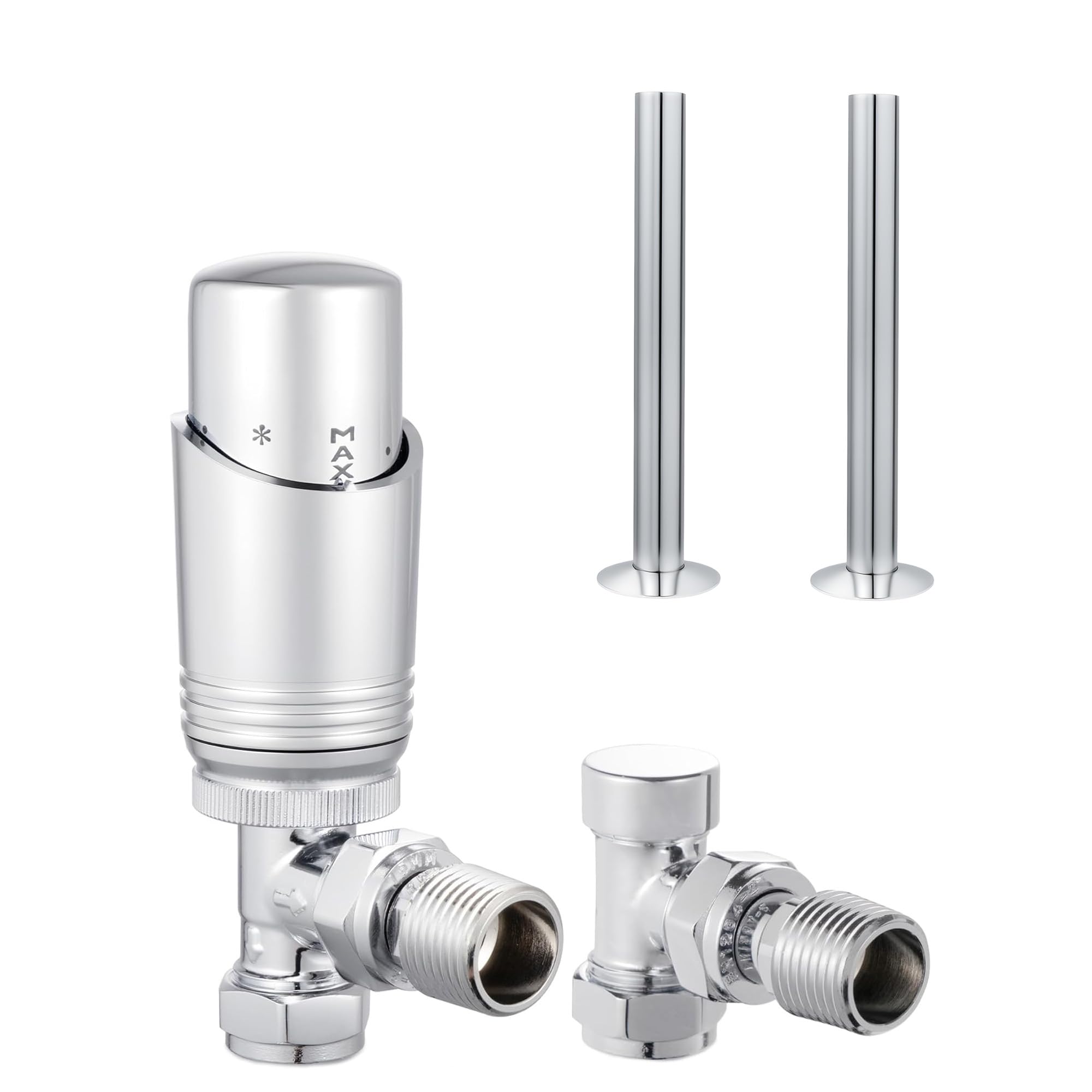 VANCOCO Chrome Thermostatic Radiator Valve 1/2"×15mm Angled with Lockshield + 130mm×15mm Radiator Pipe, Thermostat TRV Set, H62 Brass, Energy Saving