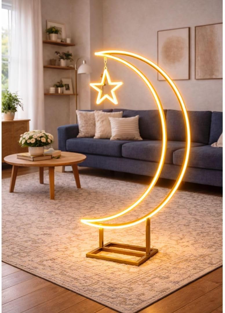 LED Moon Star Floor Lamp 60cm, Ramadan & Eid Decorative Standing Light, Crescent Moon with Star Warm White LED Lamp for Living Room, Bedroom, Prayer Room & Islamic Home Décor (60cm)