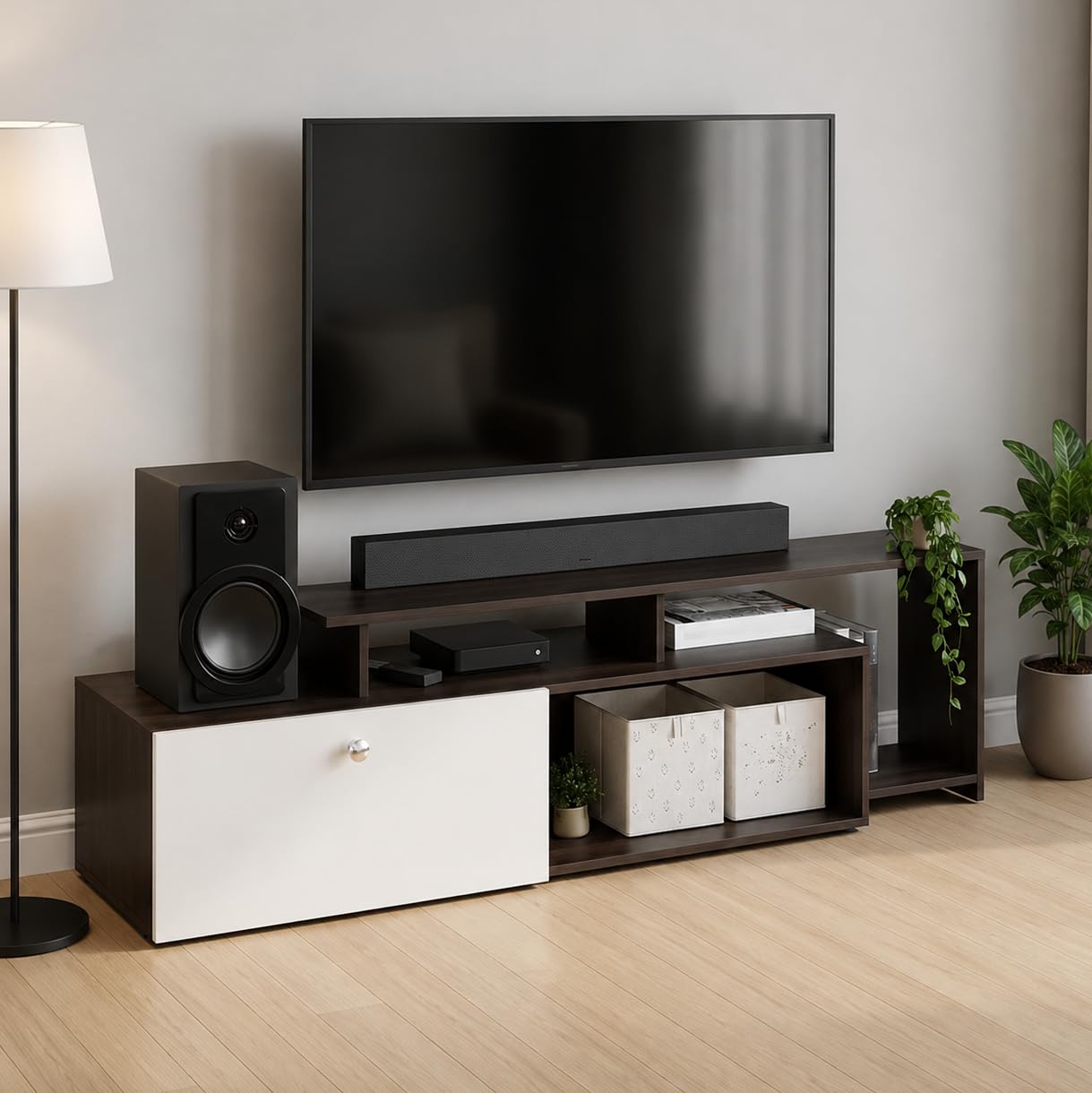 FURNEASER Dexon Modern TV Stand for TVs up to 55 Inches – Entertainment Center with Open Shelving & Storage Cabinets – Wood Media Console with Sleek Design (Dark Brown & White Finish)-image-46