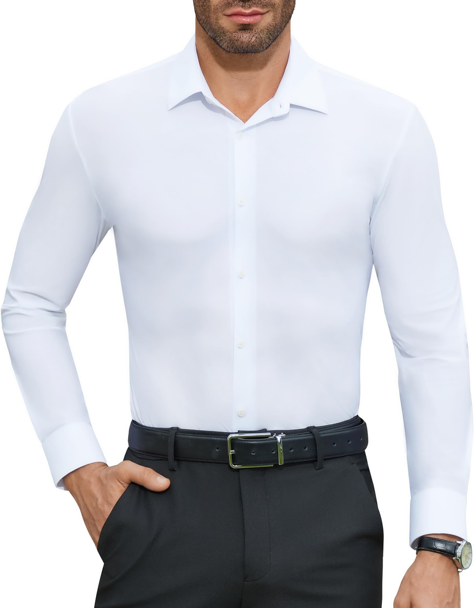 DEMEANORStretch Mens Dress Shirts Slim Fit Long Sleeve Wrinkle Free Button Down Business Formal Shirt