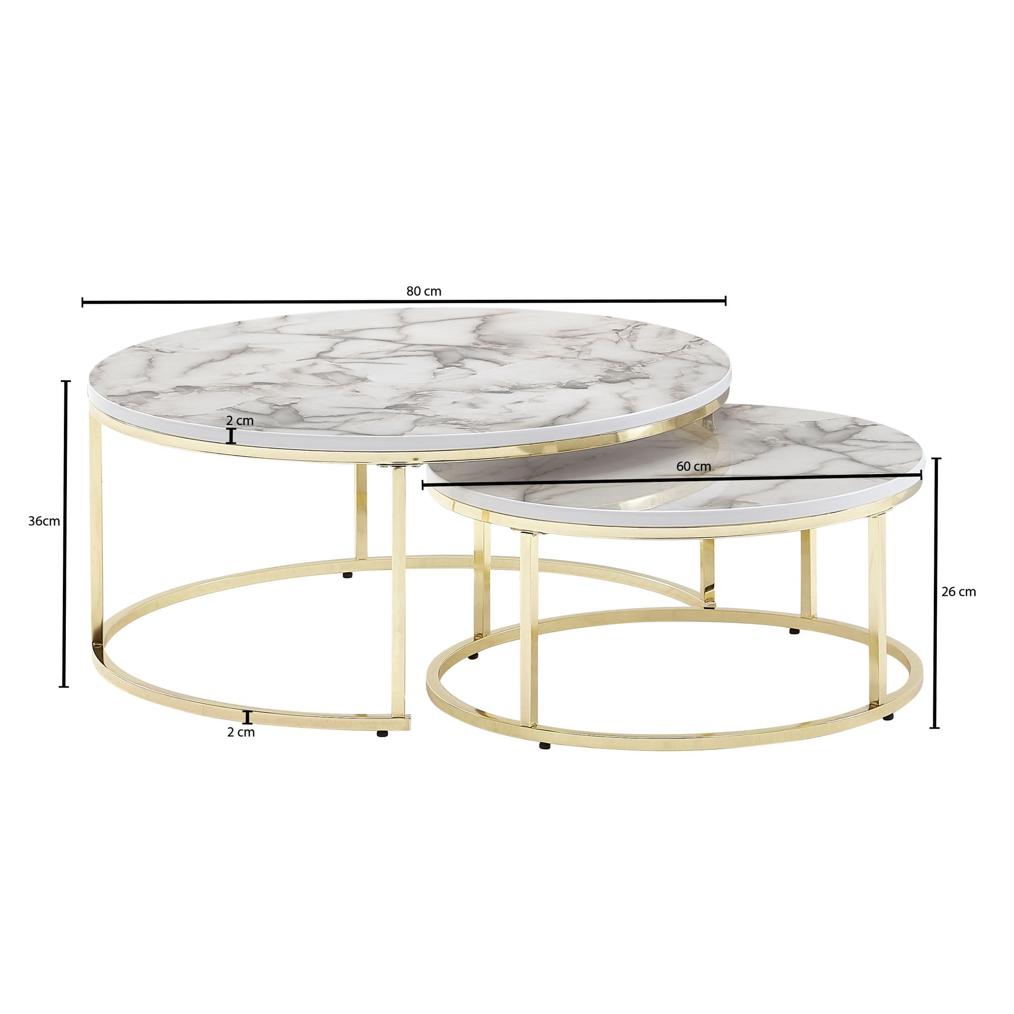 Wohnling Couchtisch 2er Set Weiß Gold Marmor Optik Sofatisch Rund Modern, Couchtische 2-teilig Metall, Runde Wohnzimmertische, Design Satztische