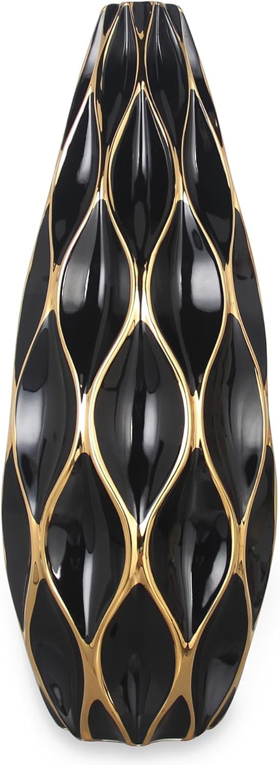Vase Tabletop Elegant Black Ceramic with Gold Accents - Timeless Modern Home Decor