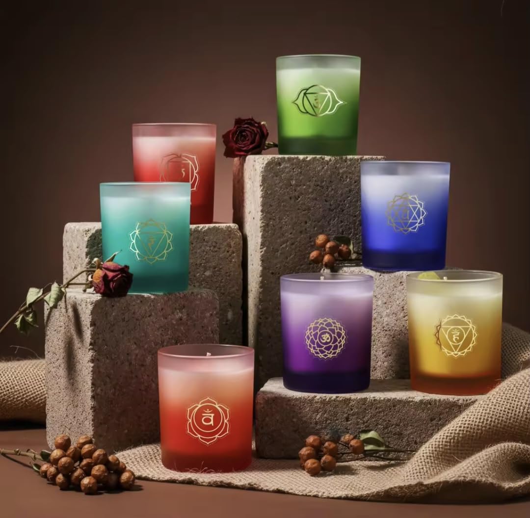 Set 7 Velas Chakra Premium – Velas Aromáticas de Soja con Cristales Naturales y Flores Secas | Pack Espiritual para Meditación, Yoga, Relax y Decoración Zen | Regalo Original