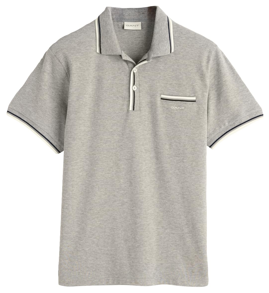 Gant Men's Grey Melange 2-Col Tipping Pique Short Sleeve Polo S