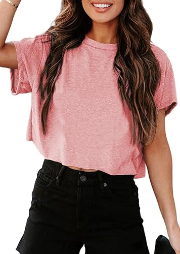 Tankaneo Women Short Sleeve Cropped T-Shirts Crew Neck Loose Crop Tops Summer Casual Drop Shoulder Basic Tees - Medium - Pink