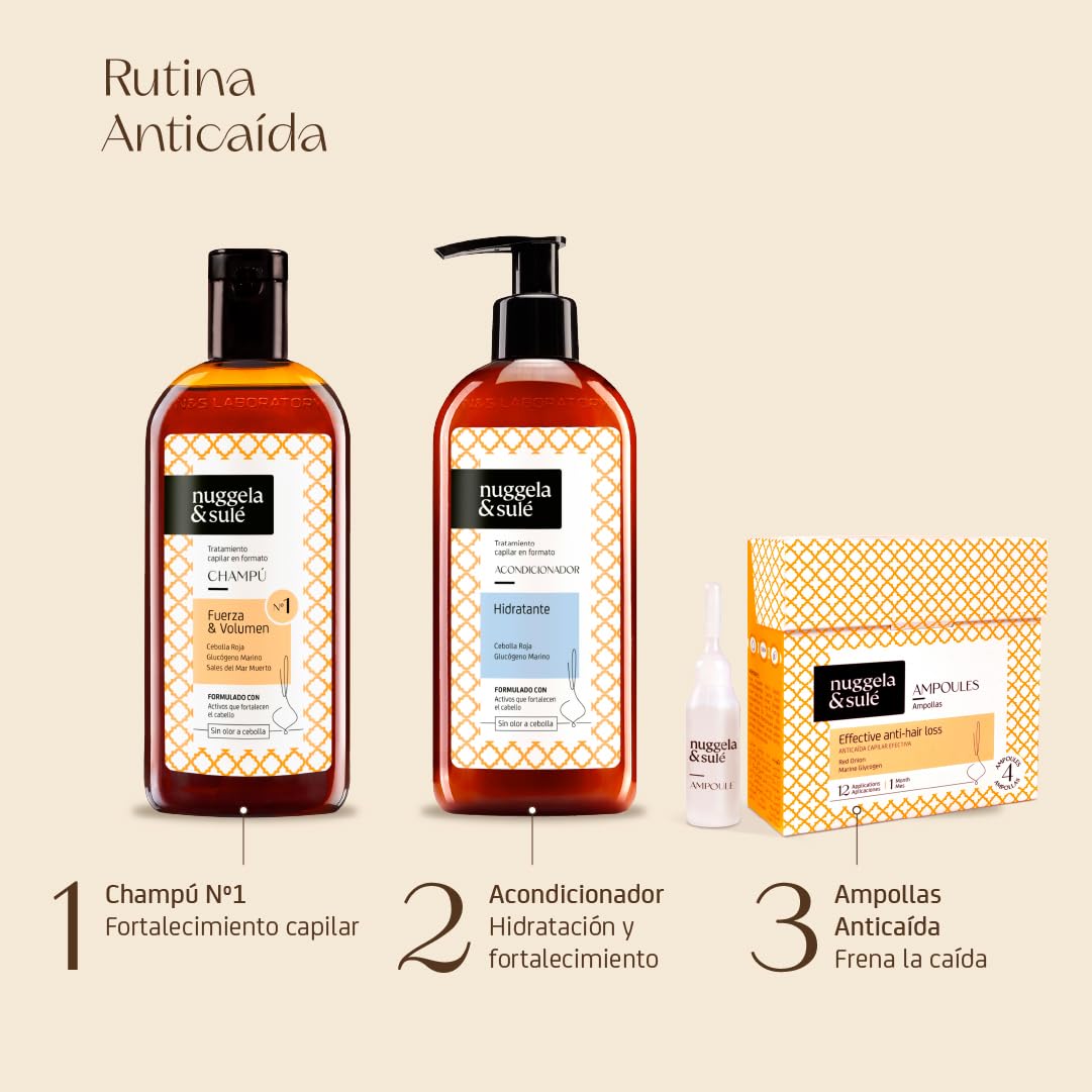 Nuggela & Sulé Ampollas Anti-Caída Efectiva. Con Extracto de Cebolla Roja. Fortalece y Frena la caída del cabello. Efecto Rápido. Tratamiento. 4 x 10 ml