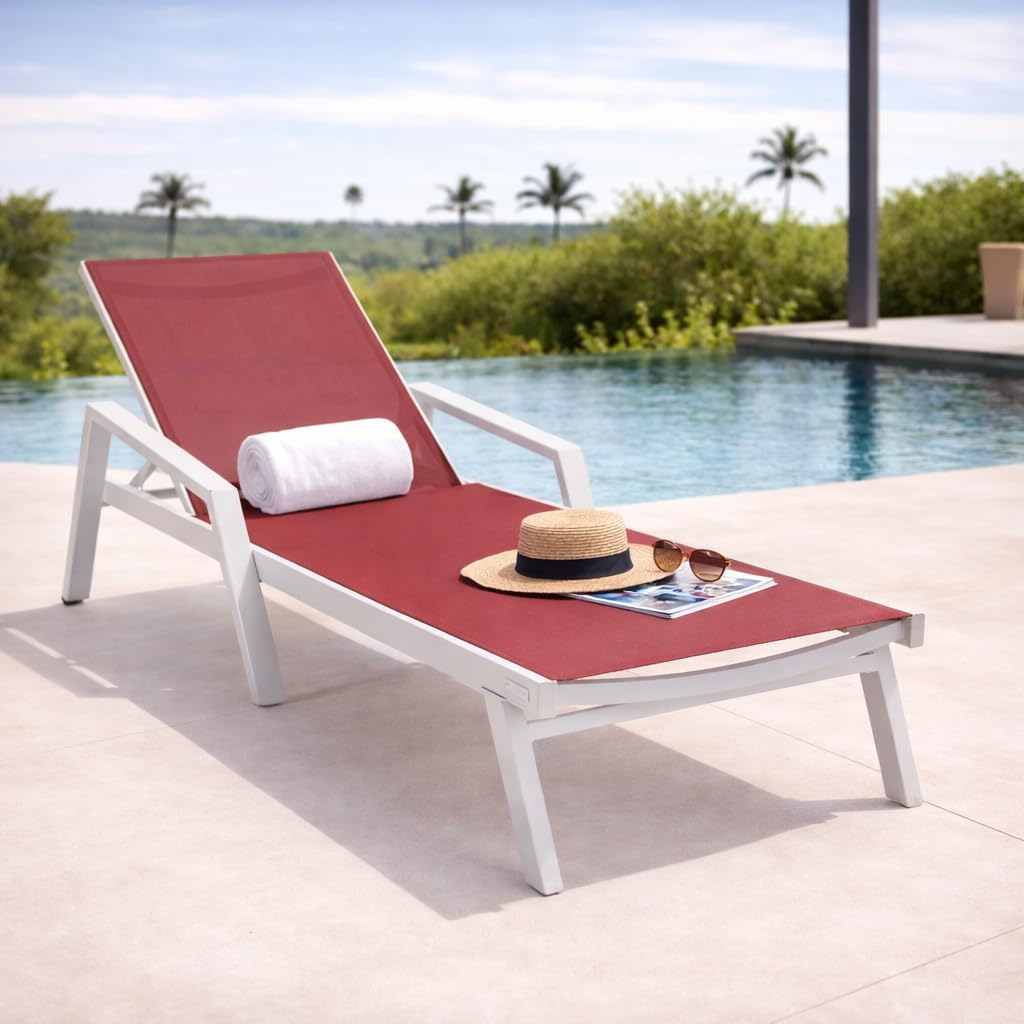 LeisureMod Marlin Patio Chaise Lounge Chair, Adjustable Outdoor White Aluminum Lounge with Breathable Mesh Sling Back, Lightweight Poolside Reclining Sun Lounger Weather & UV Resistant (Burgundy)