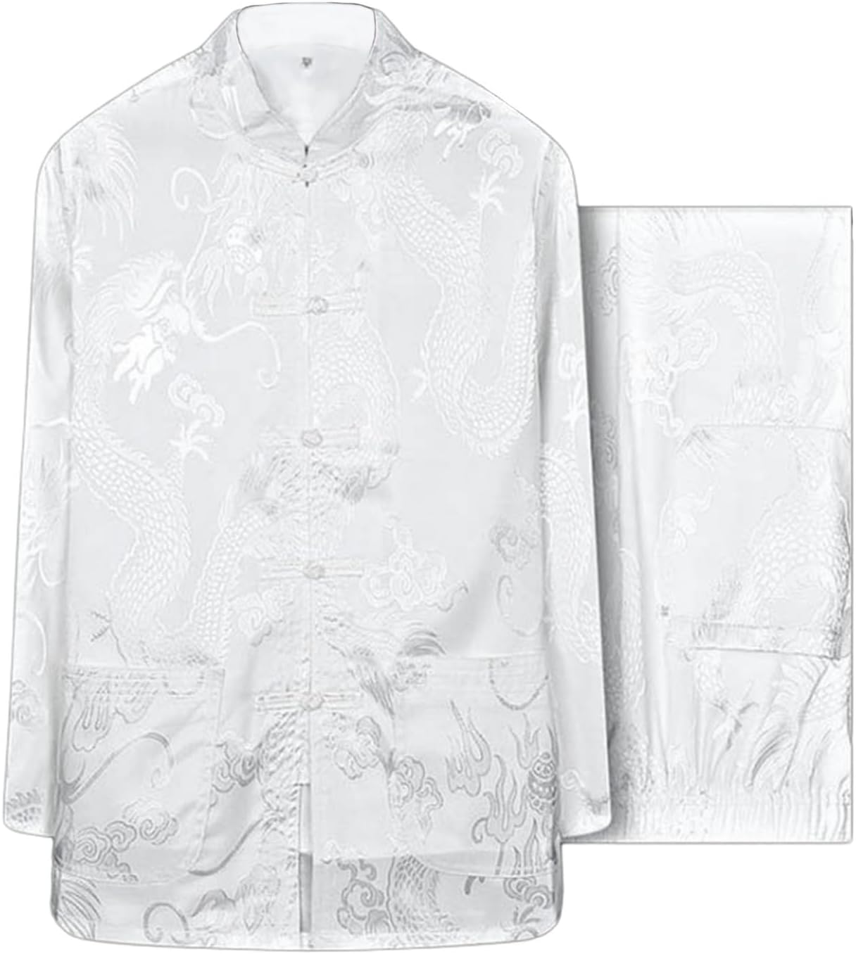 Mens Dragon Print Jacquard Chinese Kung Fu Suit Martial Arts Wing Chun Uniform Shirt Pants Set Tang Costume