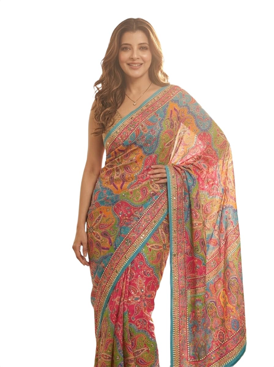 Women's Embellished Mirror Work Printed Chiffon Saree with Unstitched Blouse Piece-image-14