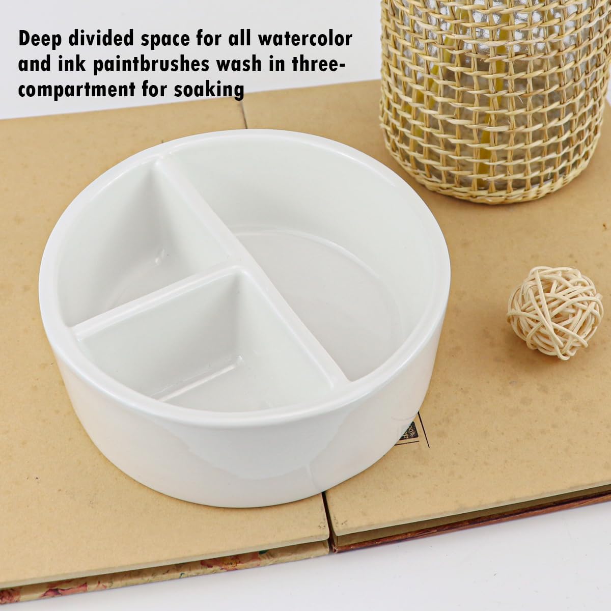 Ceramic Brush Wash Bowl,Mixing Tray,3 Slot Palette,Porcelain Watercolor Painting Dish for Painting, White