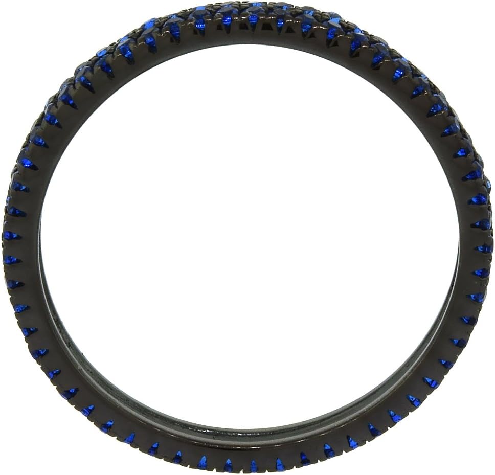Black Rhodium Plated Sterling Silver Micropave 2 Row Blue CZ Eternity Band Ring for Women 2.5mm wide size 6-9