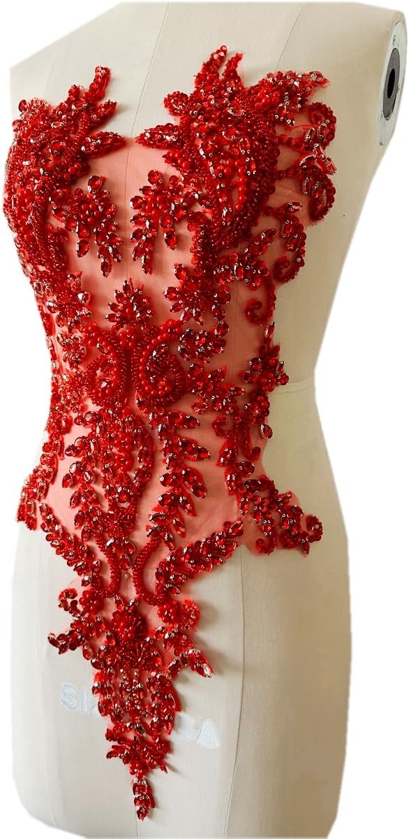 Handmade Shiny Rhinestones Applique handsewing Beaded Sequins Crystal on lace Trim Patches for Prom Dress Clothing Decorative Accessories (Red)