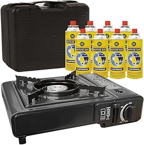 Portable Gas Cooker Camp Stove + 8 Butane Gas Canisters - For Outdoor Camping, Fishing, Cooking & BBQ | Premium Burner, Automatic Ignition & Heat Control, EN417 Compliant - Black Grill & Carry Case