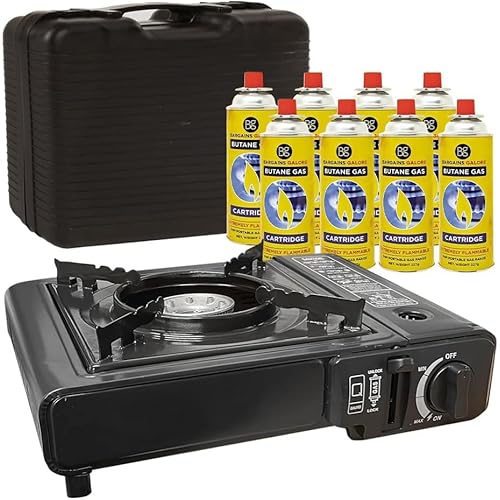 Portable Gas Cooker Camp Stove + 8 Butane Gas Canisters – For Outdoor Camping, Fishing, Cooking & BBQ | Premium Burner, Automatic Ignition & Heat Control, EN417 Compliant – Black Grill & Carry Case
