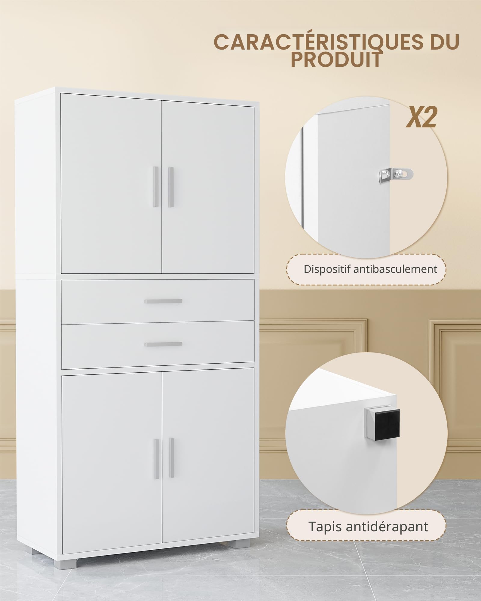 Hzuaneri Meuble Salle de Bain, Armoire sur Pied Haute avec Étagère Réglable, Meuble de Rangement avec 4 Tiroirs et 2 Portes, Commode, pour Salon, Salle de Bain, 30 x 60 x 125,5 cm Blanc SC60003X