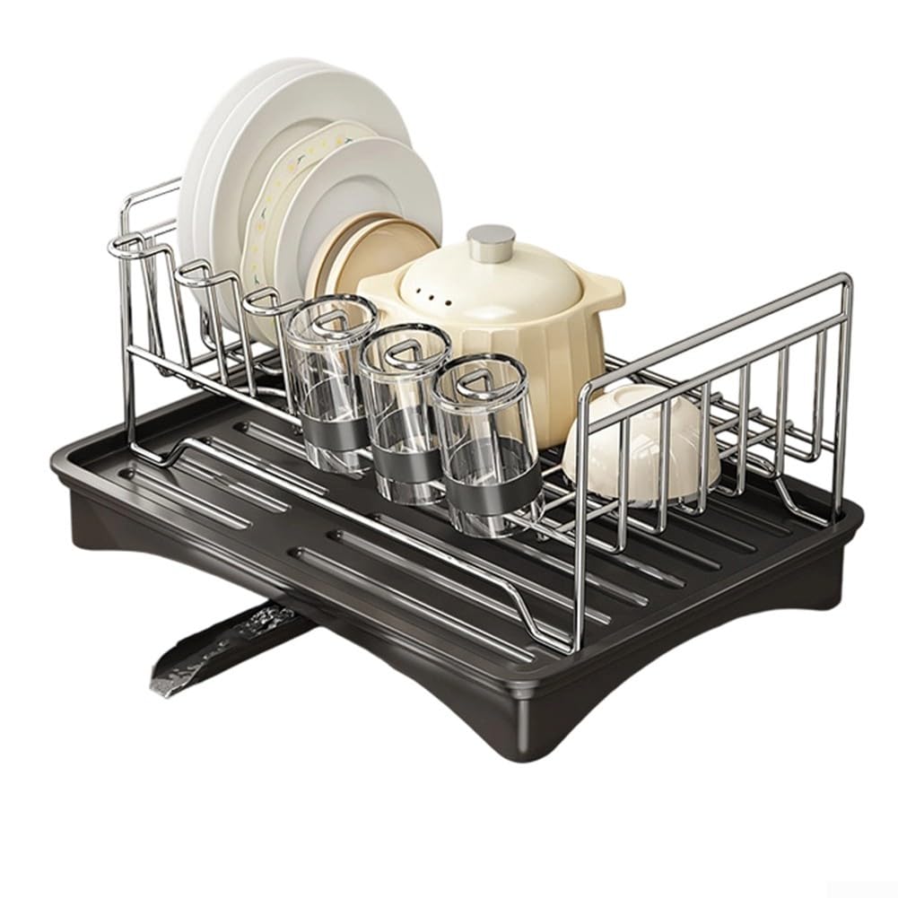 Edelstahl-Abtropfgestell mit Utensilienhalter und Abtropfschale, 304 Edelstahl-Abtropfgestell für Spüle, V-förmiger Ablauf-Besteck-Organizer, kompaktes Geschirrtrocknen (A)