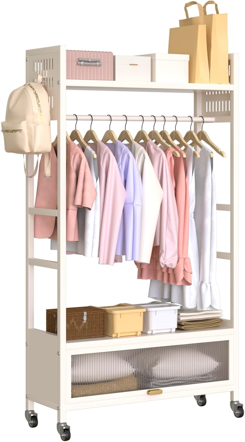 Freestanding Garment Rack, Portable Clothing Rack with Wheels and 4 Hooks, Rolling Organizer for Hanging Clothes and Storage, Wardrobe Shelves for Bedroom Living Room Home (Milky white, 100CM)