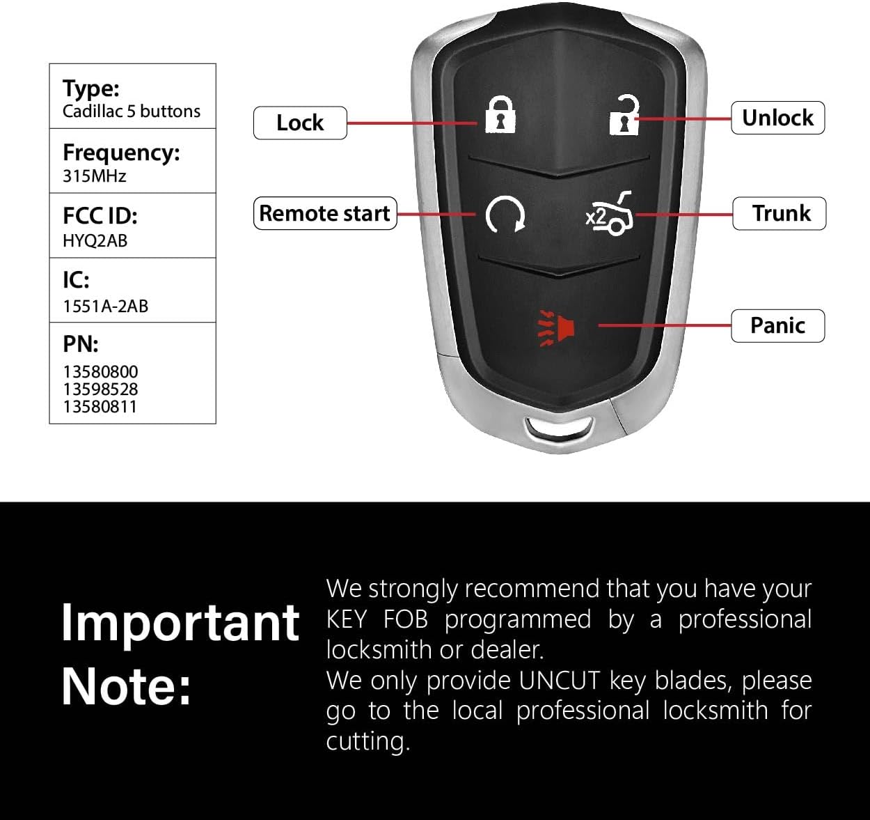 2 Keylessbest Replacement for 2016 2017 2018 2019 Cadillac ATS ATS-V CTS Sedan XTS Rscalade Key Fob Remote Control HYQ2AB 5 Buttons 315MHz