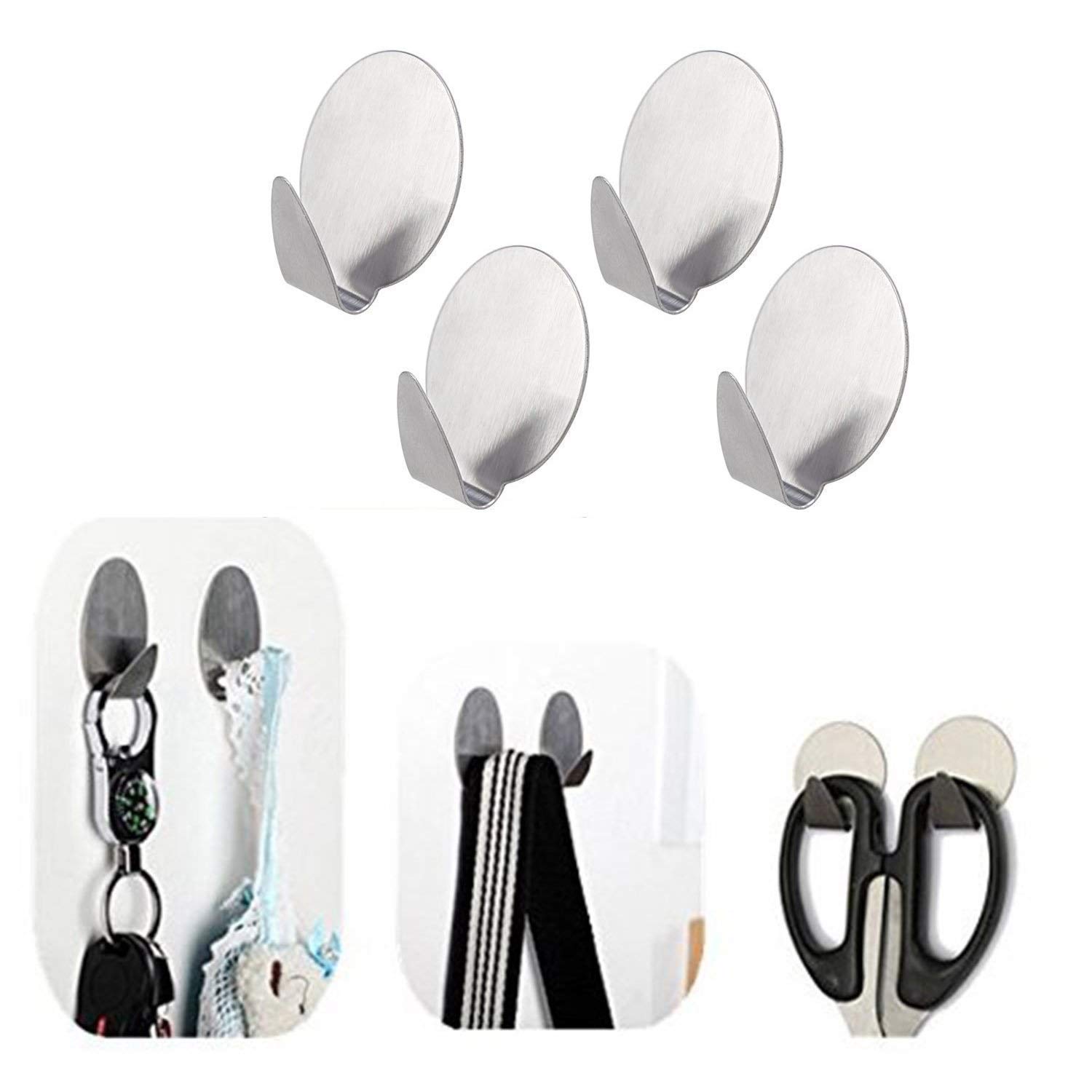 JENI ENTERPRISE Self- Adhesive Hooks, Heavy Duty Strong Wall Hooks Hangers Stainless Steel Waterproof Sticky Hooks for Hanging Robe Coat Towel Kitchen, Bathroom, Bedroom and Office (Silver)