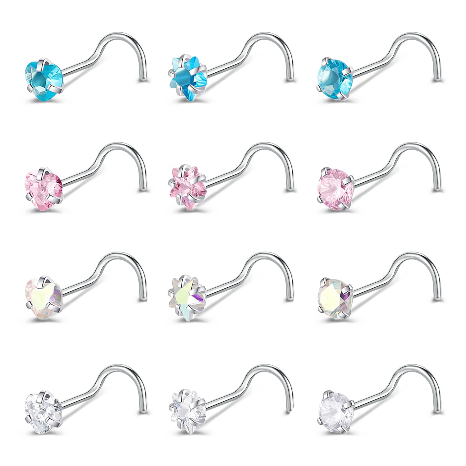 ZeSen Jewelry9-12PCS 20g Piercing Nariz Acero Quirurgico Rosa CZ Pendientes Nariz en Forma de L Tornillos Nariz Conjunto Joyas Mujer/Hombre