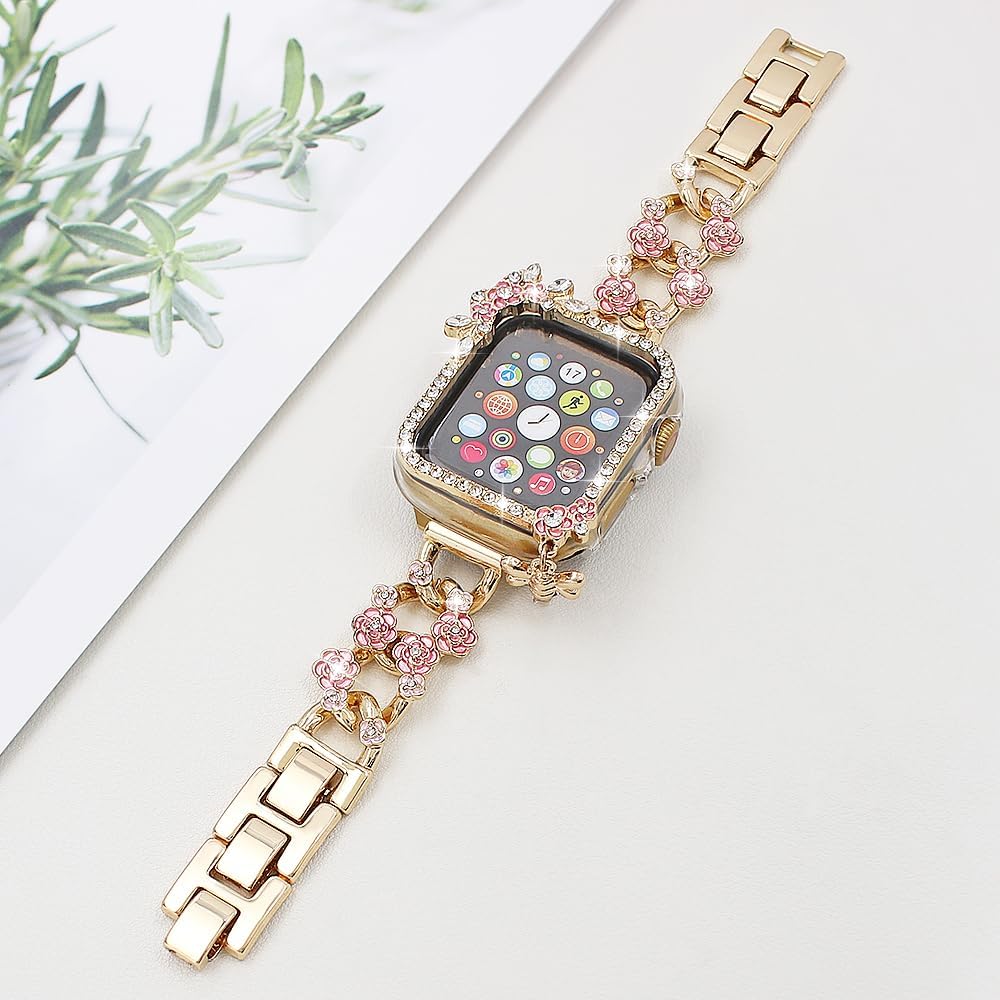 Metal Link Chain with Protector Case Compatible with Apple Watch Bands Women,Flower Cuban Chain Wristband for iWatch Series 10 42mm 46mm,Series 9 8 7 41mm 45mm,Series 6 5 4 SE 40mm 44mm