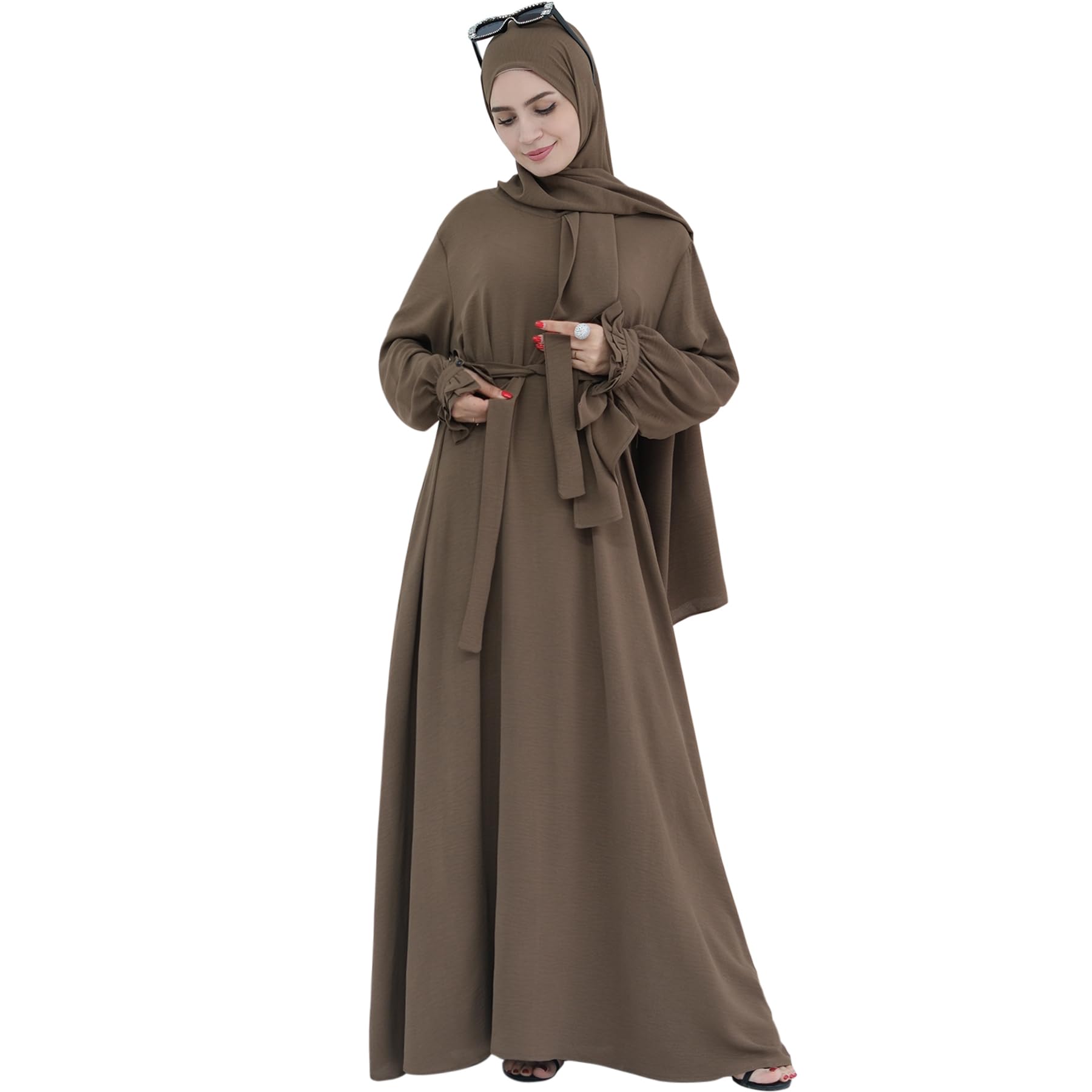 Women Muslim Dress Middle East Arabian Robe Islamic Modest Dress with Hijab Scarf Lace Sleeve Flowy Abaya Dress