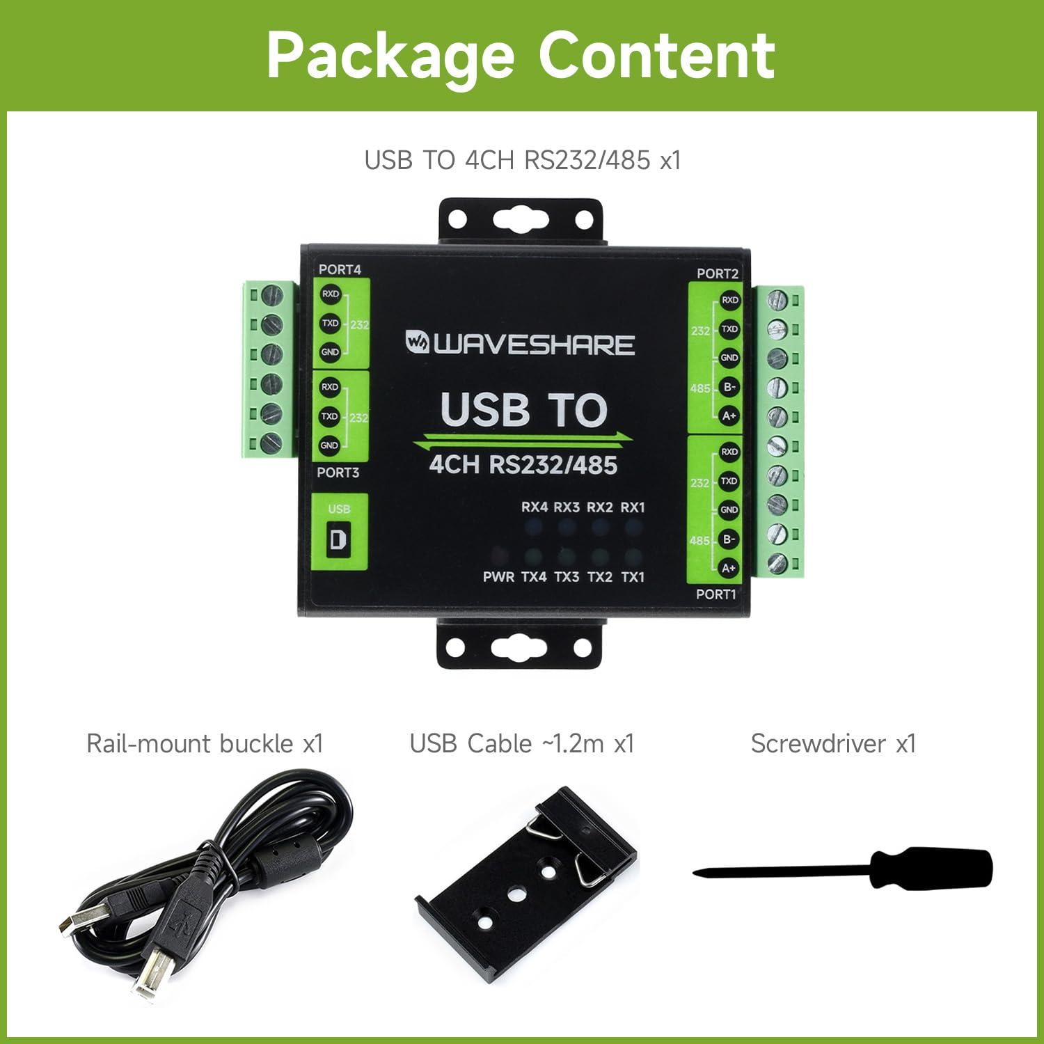 Waveshare Industrial Isolated USB To RS232/485 Converter, Original FT4232HL Chip, Supports USB To 2-Ch RS232 + 2-Ch RS232/485, Wall-Mount & Rail-Mount Support