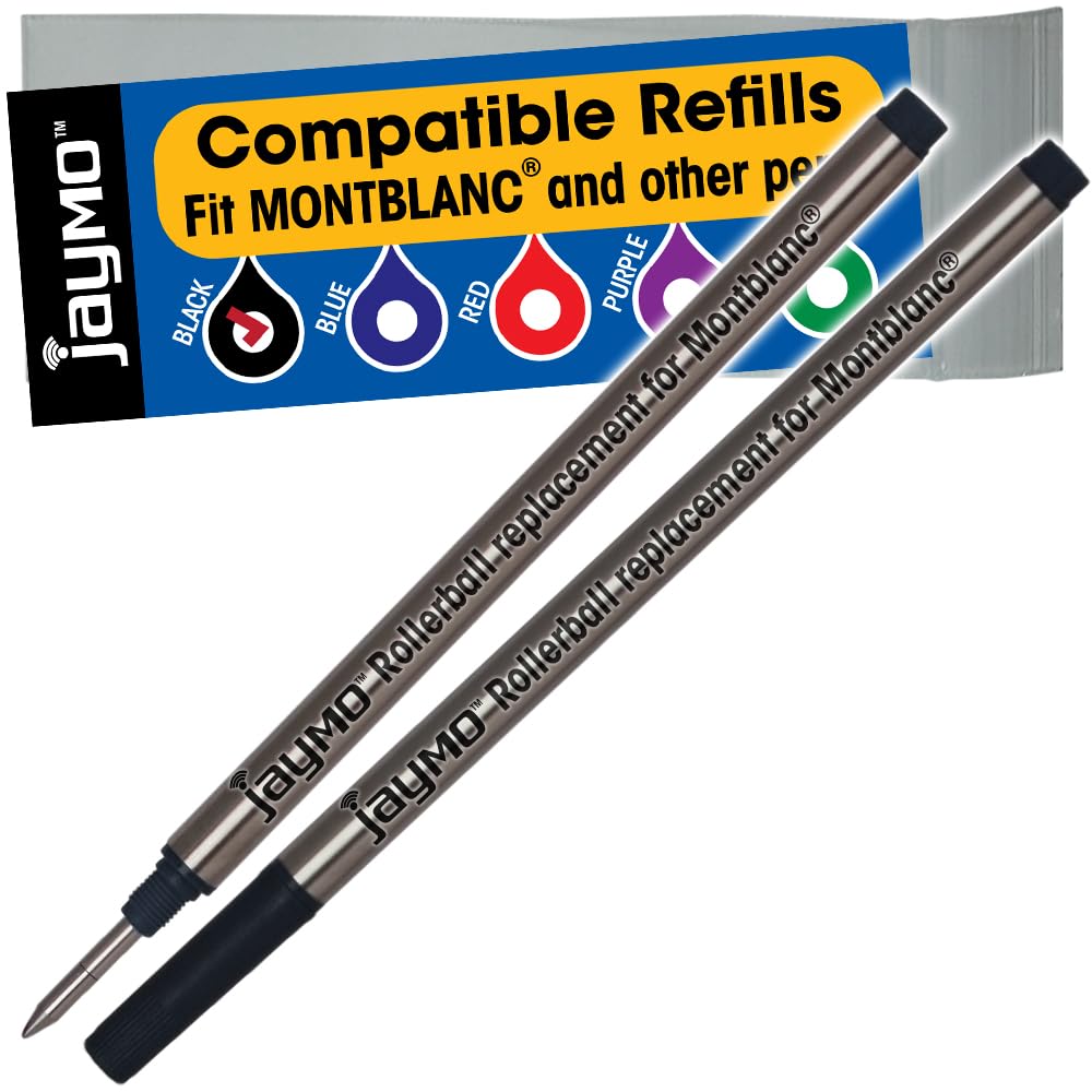 Jaymo Replacement for Montblanc 105158 - Measures 4.44 in / 113 mm Long - Rollerball Pen Refill - 2 Black