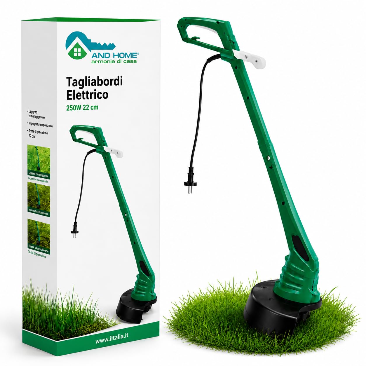 Tagliabordi Elettrico 250W - LARGHEZZA DI TAGLIO da 22 cm - Testina Tap&Go - Tagliaerba elettrico con Filo 1,2 mm - 10.000 giri/min - Parasassi di Sicurezza - Ideale per Bordi e Rifiniture Precise
