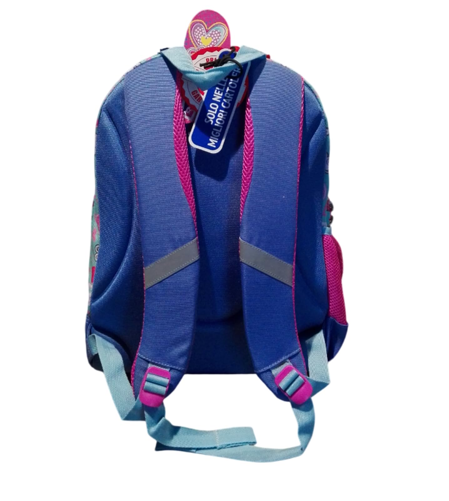 PRESTIGE & DELUXE Runder Schulrucksack Pool Over Super Girl Heart Herz rosa mit Glitzerlichtern für Mädchen Grundschule – 3 Reißverschlussfächer + 7 löschbare Stifte und Schlüsselanhänger mit