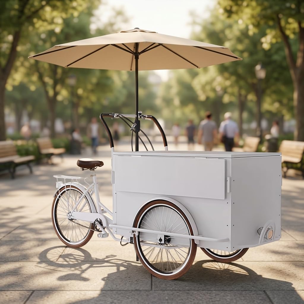 Mobile Vending Bicycle Cart,Parasol & Storage Box - Commercial Food Display Stand Market Stall Display Stand for Street,Markets,Festivals and Outdoor Events