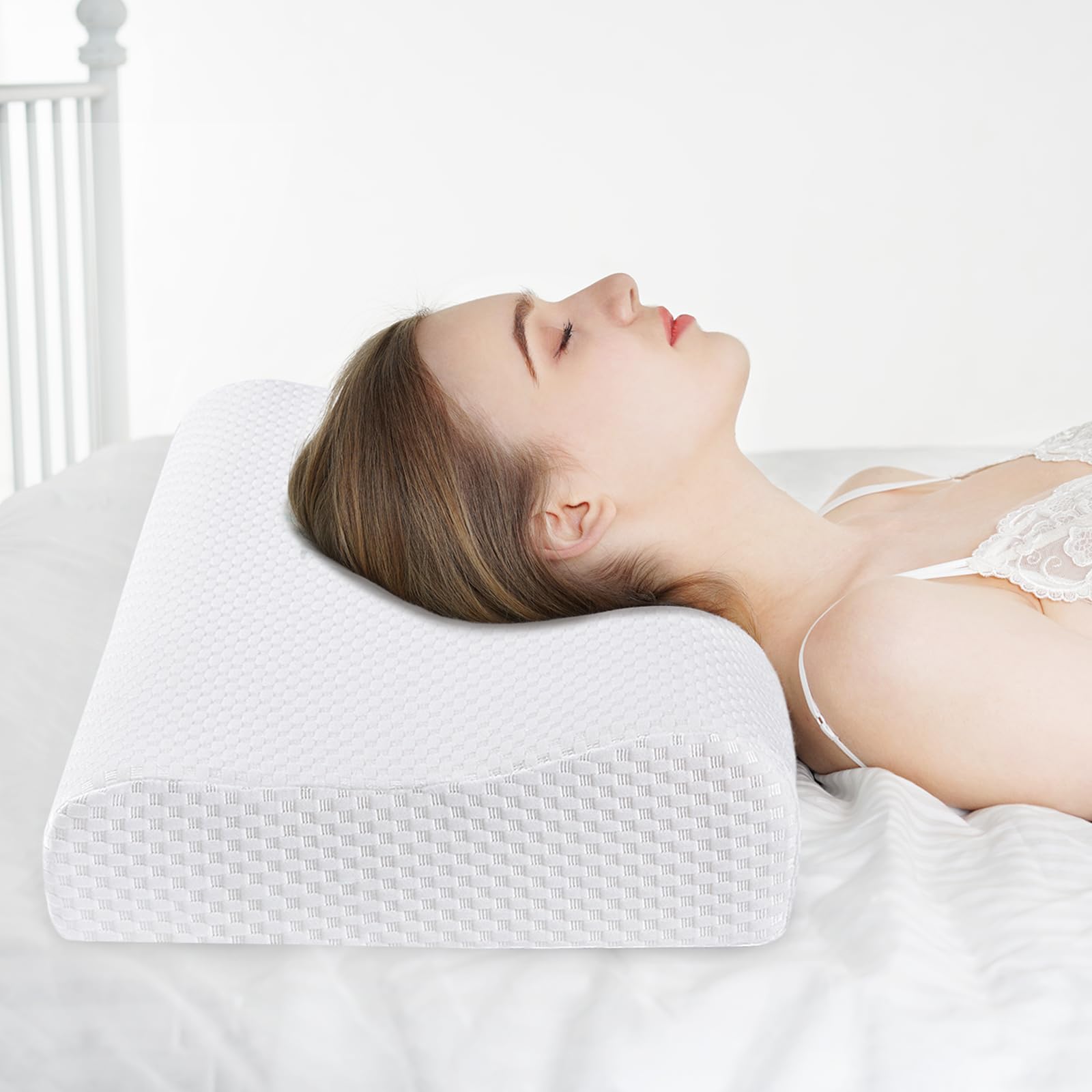 Ergonomic Memory Foam Neck Pillow, Contoured Design (White, 60 * 35 * 9/11cm)