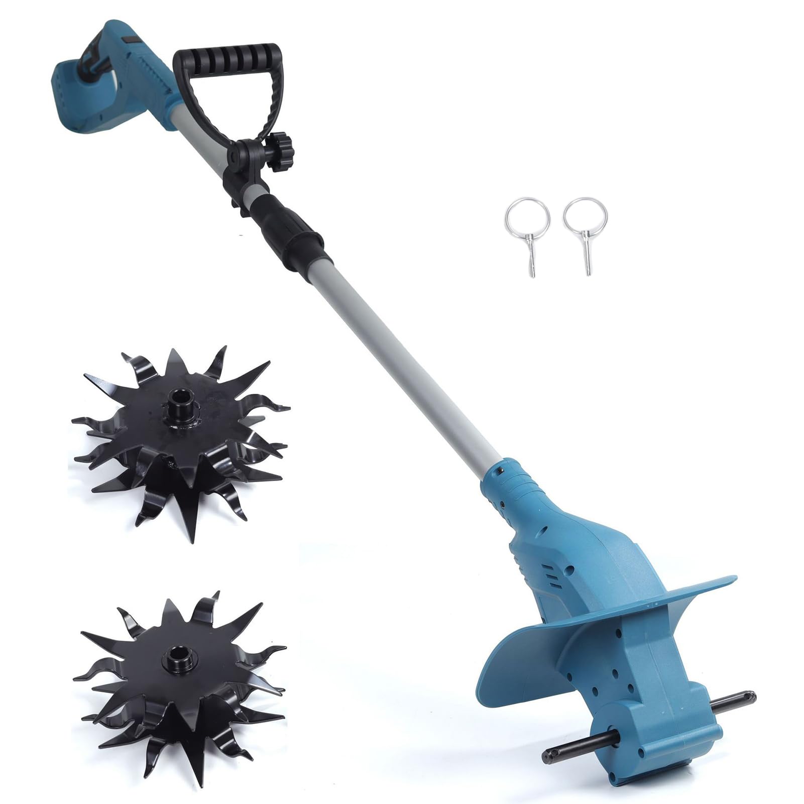 Hyuduo Motocultor Eléctrico Inalámbrico de 21 V, Alimentado por Batería de Litio, Motor Eficiente de 330 RPM, Ideal para Jardines Pequeños y Camas Elevadas (Cuchillas Dobles para máquina Desnuda)