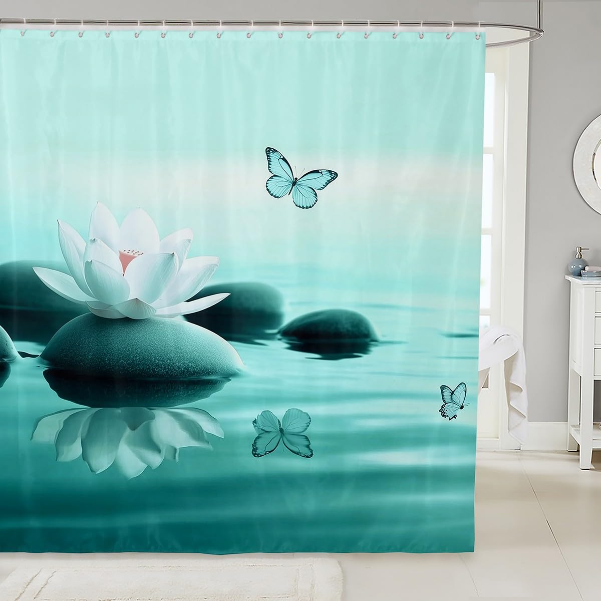 Erosebridal Water Lily Lotus Shower Curtain 72" Wx72 L,Turquoise Lake Bathroom Curtains,Wild Safari Animal Dreamy Butterfly Fabric Shower Curtains,