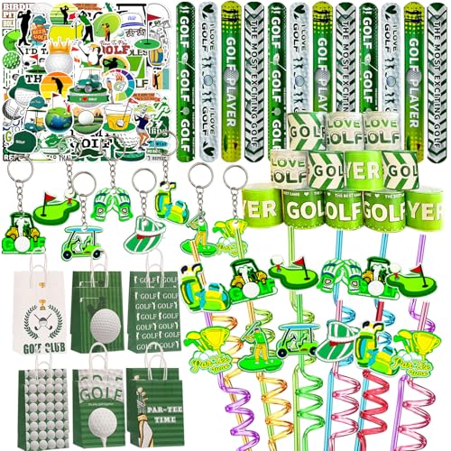 Meaxur 110 Pcs Golf Party Favor Set Includes Golf Theme Slap Bracelet Golf Drinking Straws Golf Ball Keychain Golf Gift Bags Golf Stickers For Golf Goodies Bags Filler Golf Birthday Party Decorations