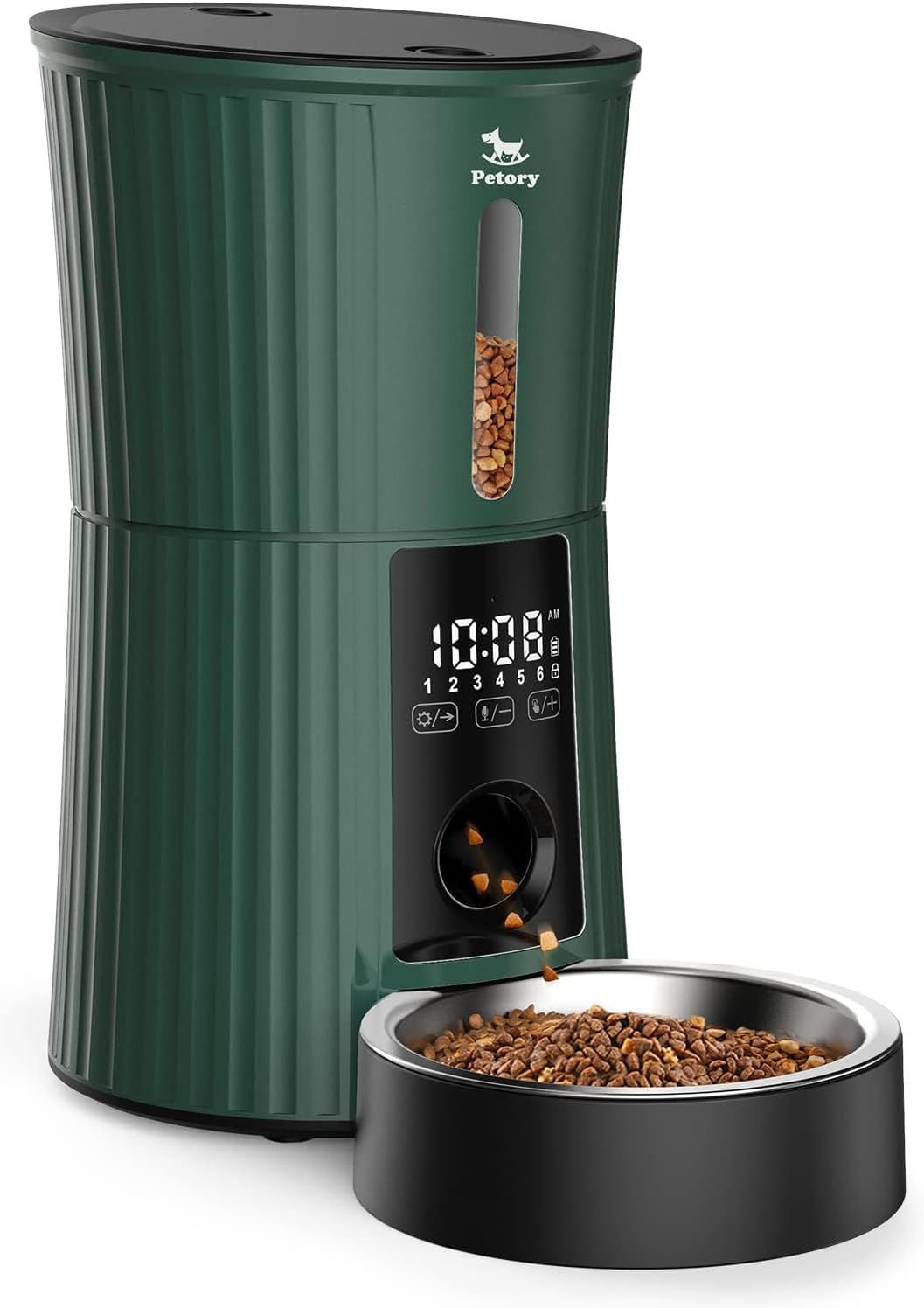 Petory Timed Automatic Cat Feeders - 4L Programable Dry Food Dispenser for Cats and Small Medium Dogs 6 Meals with Desiccant Bag Dual Power Supply 10S Voice Recorder Green Regular Version