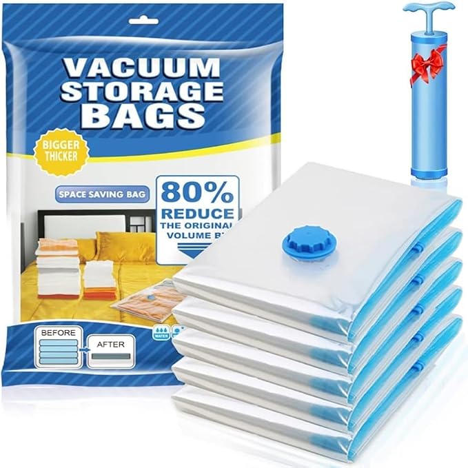 LandVK Heavy Duty Air Tight Space Saver Vacuum Bags for Travel and Cloths Storage, 5 Pcs, 2 Small, 2 Medium, 1 Large, Random Colour