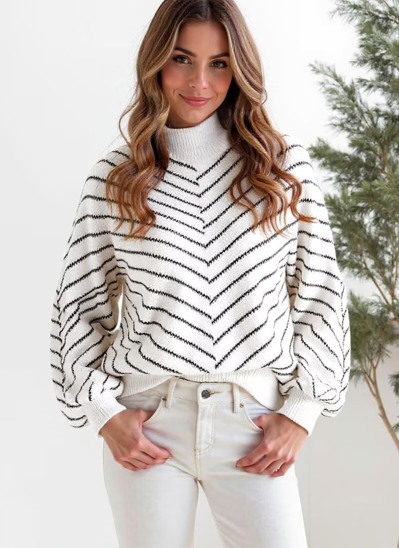 Upopby Women's Striped Fall Winter Sweaters for Women Trendy Turtleneck Lantern Sleeve Knitted Pullover Sweater Jumper Tops - Image 7