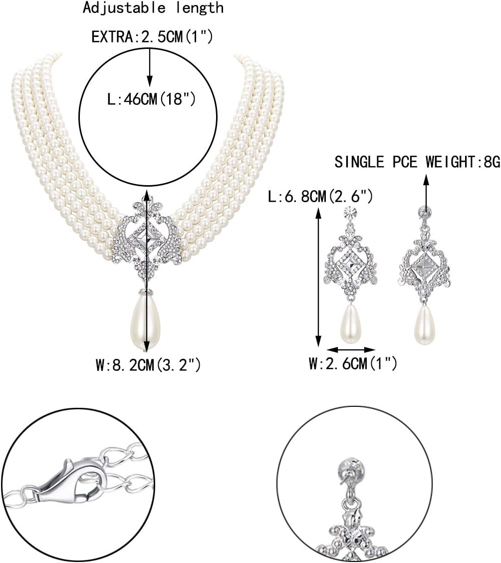 EVER FAITH 1920s Gatsby Jewelry Set for Party, Crystal Simulated Pearl Vintage Inspired Chandelier Necklace Earrings Sets for Woman - Image 6