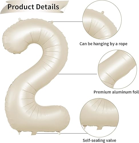 Miniatura 3 de Globo color crema del número 2 de 40 pulgadas, globos grandes de 2 cumpleaños color beige, globo digital 2 blanco crema gigante de 2 globos de