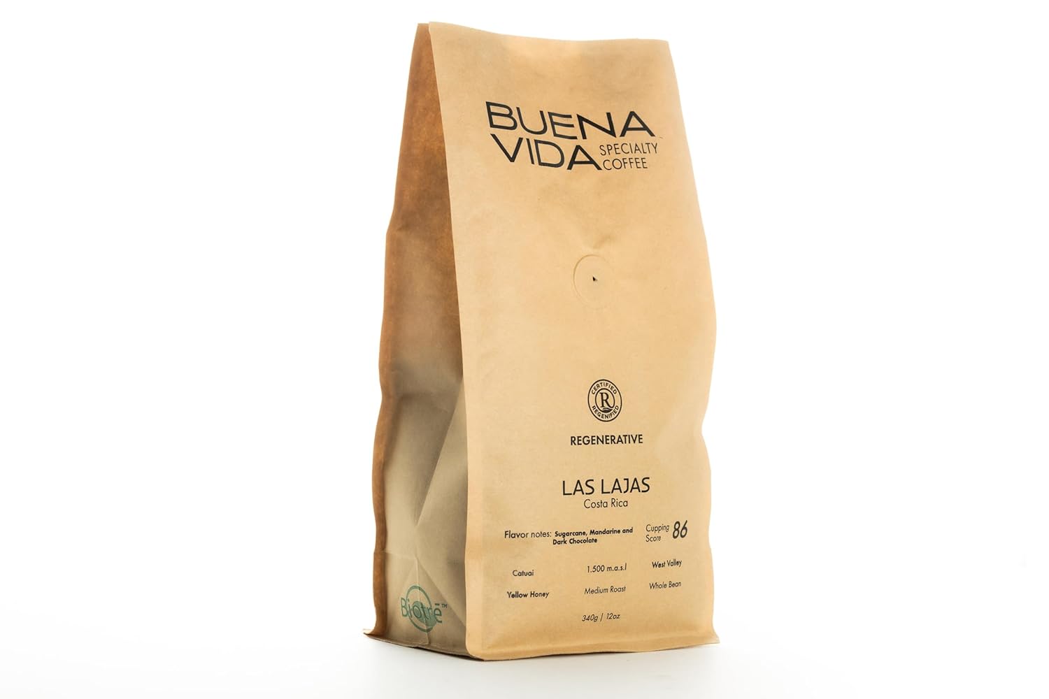 Buena Vida Speacialty Coffee - Las Lajas, Whole Bean, Yellow Honey - Costa Rican Regenerative Coffee (12 oz)