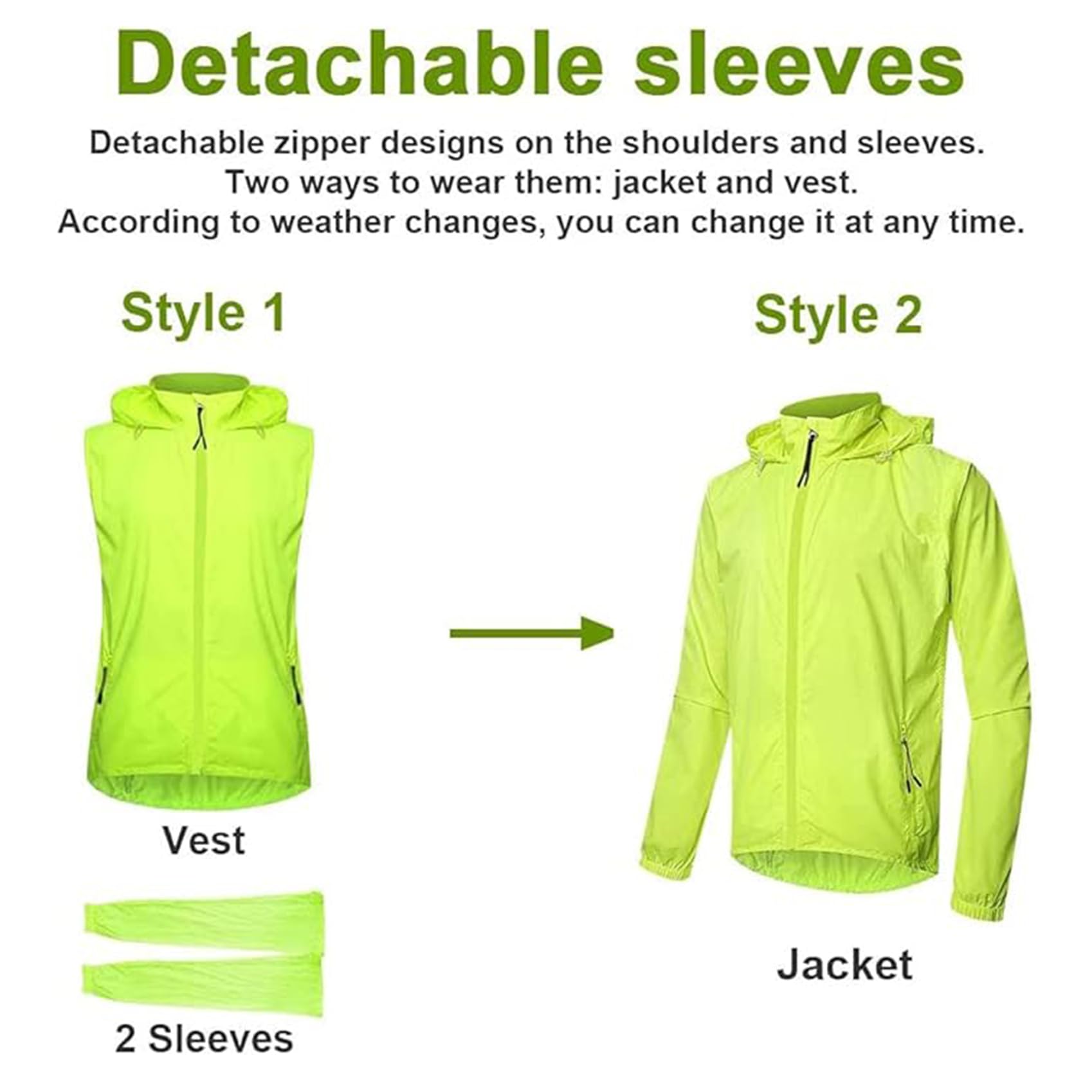 Giacca Ciclismo da Uomo Antivento Traspirante 2 in 1 Gilet Ciclismo con Maniche Rimovibili Protezione UV Corsa all'aperto Giacca da Passeggio Giacca da Ciclismo Riflettente,Green-XXL