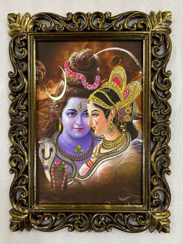 Finition Duco poli pour ce cadre bois sculpté Shiv Parvati haut de gamme