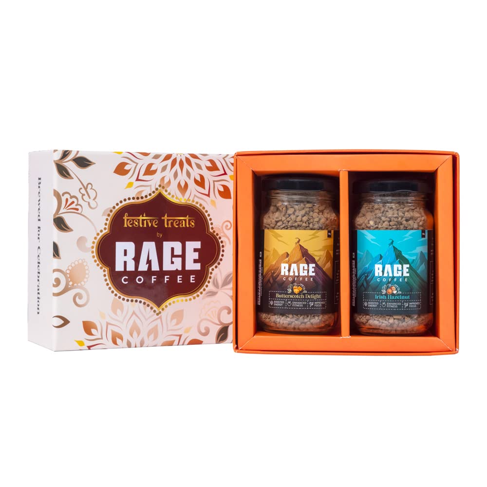 Rage Coffee Festive Treats Gift Pack (Irish Hazelnut | Butterscotch Delight Flavoured Instant Coffee 50 gms jar each) | Made with Arabica Beans