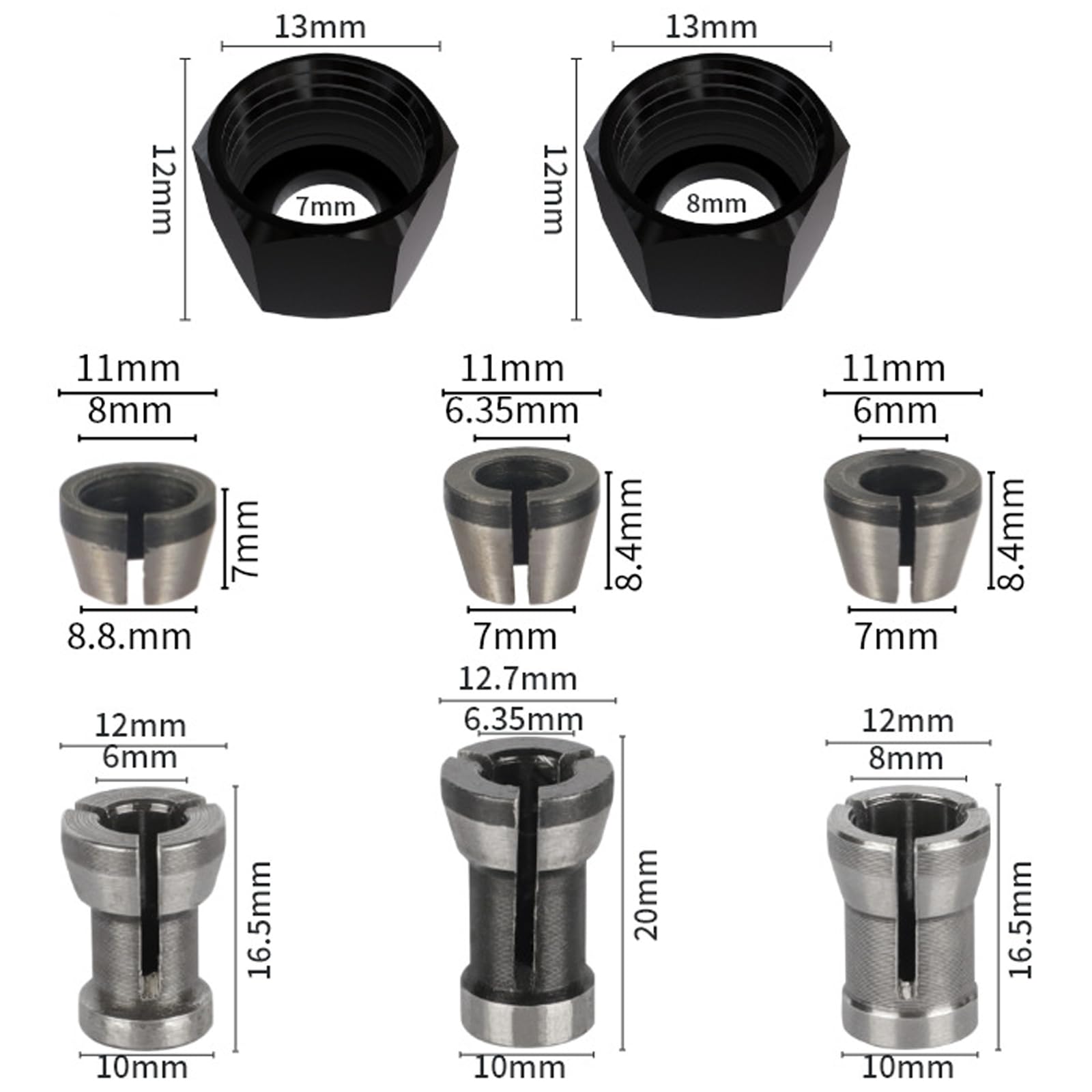 Set di 8 pinze di serraggio per fresa in acciaio, 6 adattatori (6 mm, 6,35 mm, 8 mm) con 2 dadi di precisione per macchina per incisione, lavorazione del legno