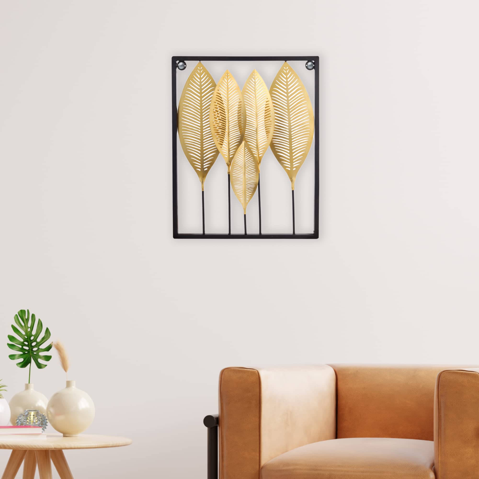 Urban Hamlet Metal Five Leaf Wall Hanging Frame And Decorative Art Sculpture (Size: 53 X 40 X 2 Cm, Golden)